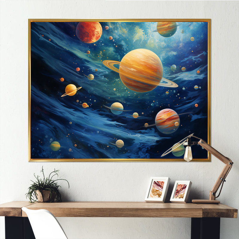 Blue And Orange Planet Odyssey II - Space Planet Wall Art, Gold Floater Framed, 16" H x 32" W x 1" D