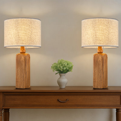 22'' Traditional Farmhouse Natural Solid Wood Table Lamp With Beige Fabri Drum Shade For Bedroom Living Room