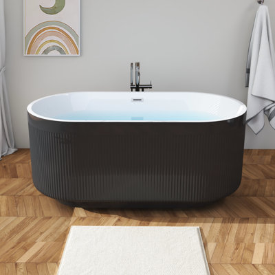 59"acrylic Freestanding Bathtub, Acrylic Japanese Soaking Tubs, Oval Shape Black Free Standing Bathtub With Chrome Overflow And Pop Up Drain, Cupc Certified, Pleated Design