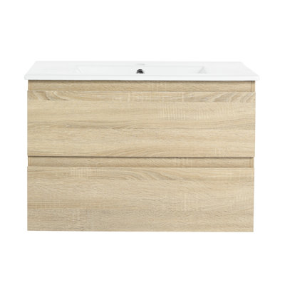 Oak 30" Bathroom Vanity With Ceramic Sink And 2 Drawers - Modern Look Basin Soft Close Drawer