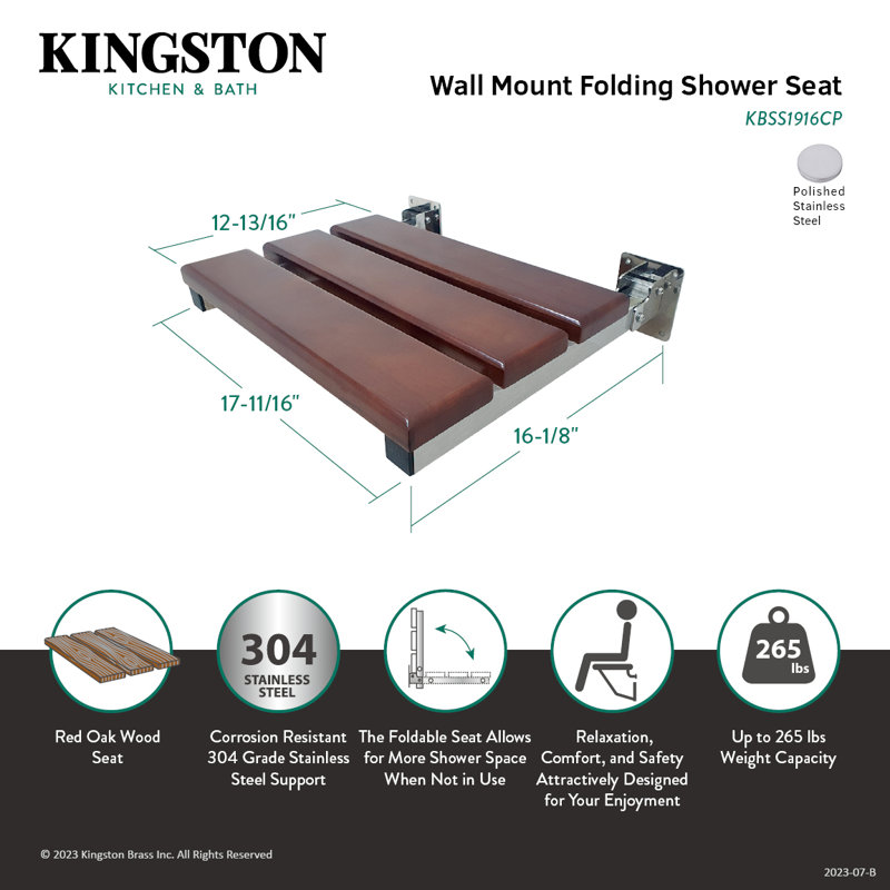 Kingston Brass Chaise 19-Inch x 16-Inch Wall Mount Fold Down Shower Seat