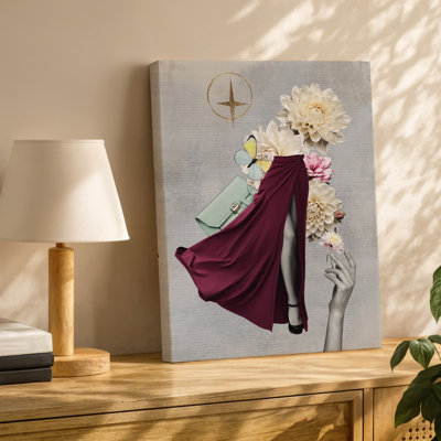 Toile Un collage de mode mettant en vedette une figure sans tête dans un art mural fluide, robe bourgogne profonde avec une fente haute mettant en vedette l'élégance et l'art mural sur toile