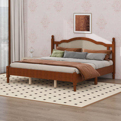 King Size Rattan Bed Frame, Solid Wood Platform Bed with Rattan Headboard and Sturdy Wooden Slat Support Farmhouse Beds