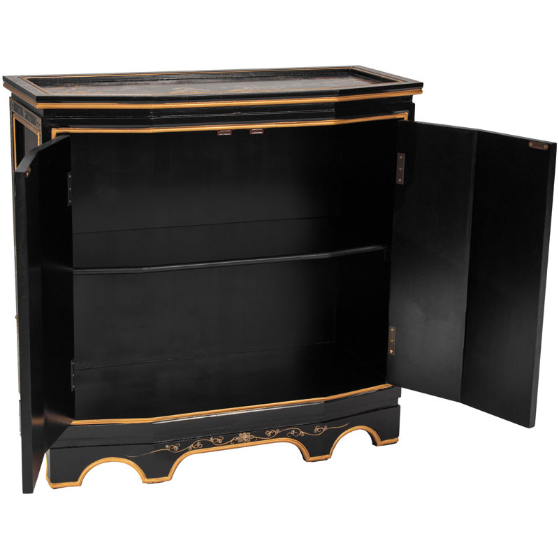 Black Lacquer Hand-Painted Landscape Wood Sideboard