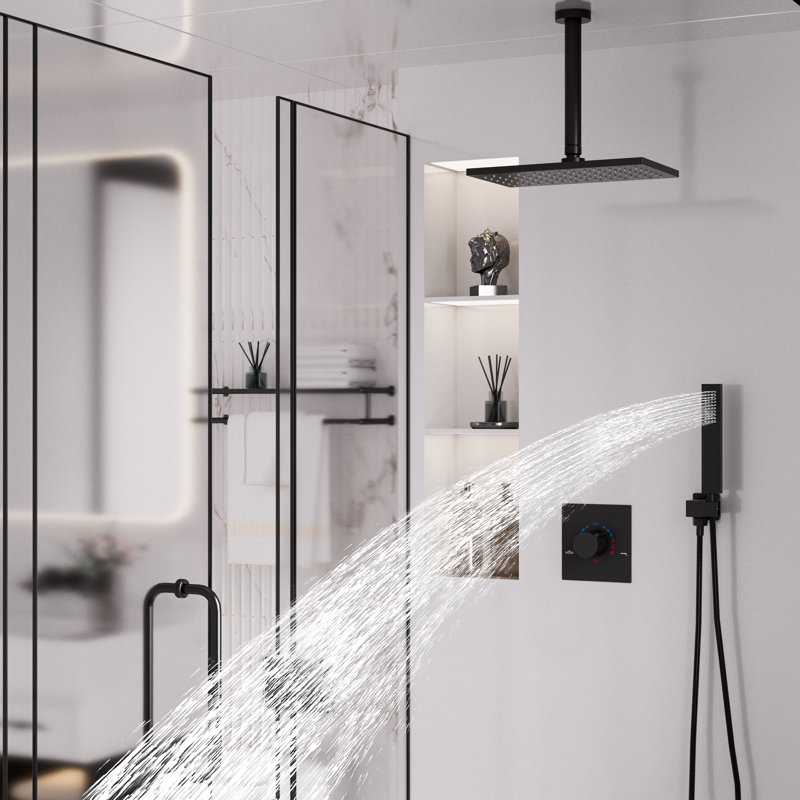 Système de douche à effet pluie noir mat à fixation au plafond avec robinetterie encastrée, ensemble de robinetterie carrée à 2 fonctions avec douchette à main