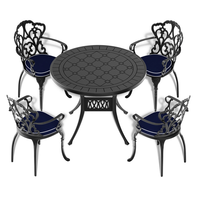Table de salle à manger 38,42 "en fonte d'aluminium avec structure noire, résistante, confortable, empilable, assise confortable toutes saisons, trou pour parasol, espace