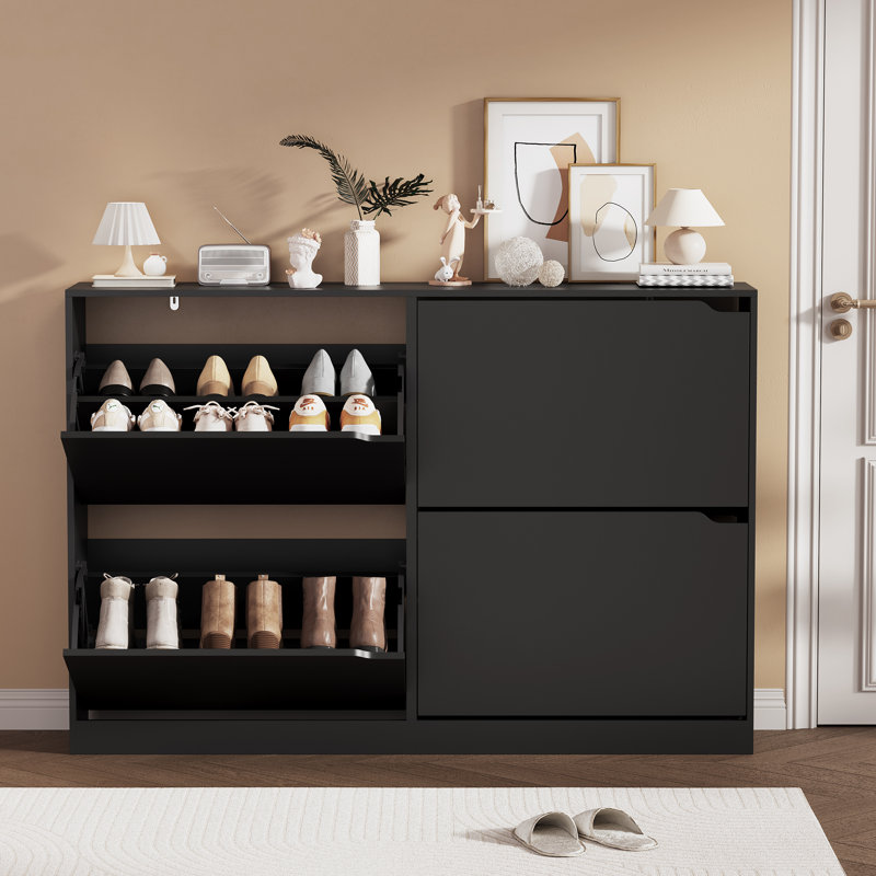 Armoire à chaussures avec quatre tiroirs rabattables et anti-basculement, convenant au rangement dans l'entrée, Noir
