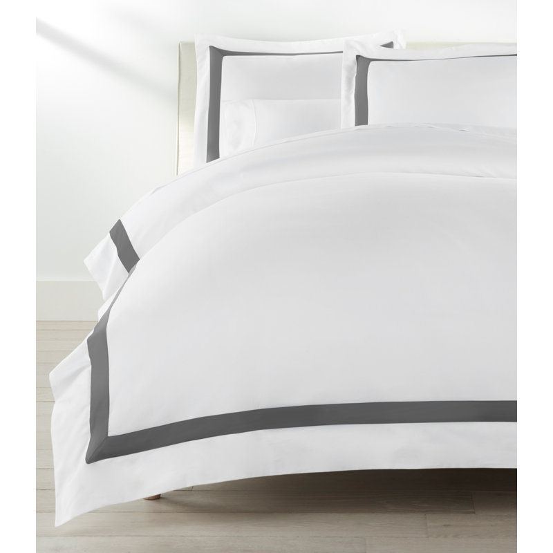 Soprano Trim 100% Cotton Sateen Duvet Cover, White/Blue, Queen Duvet