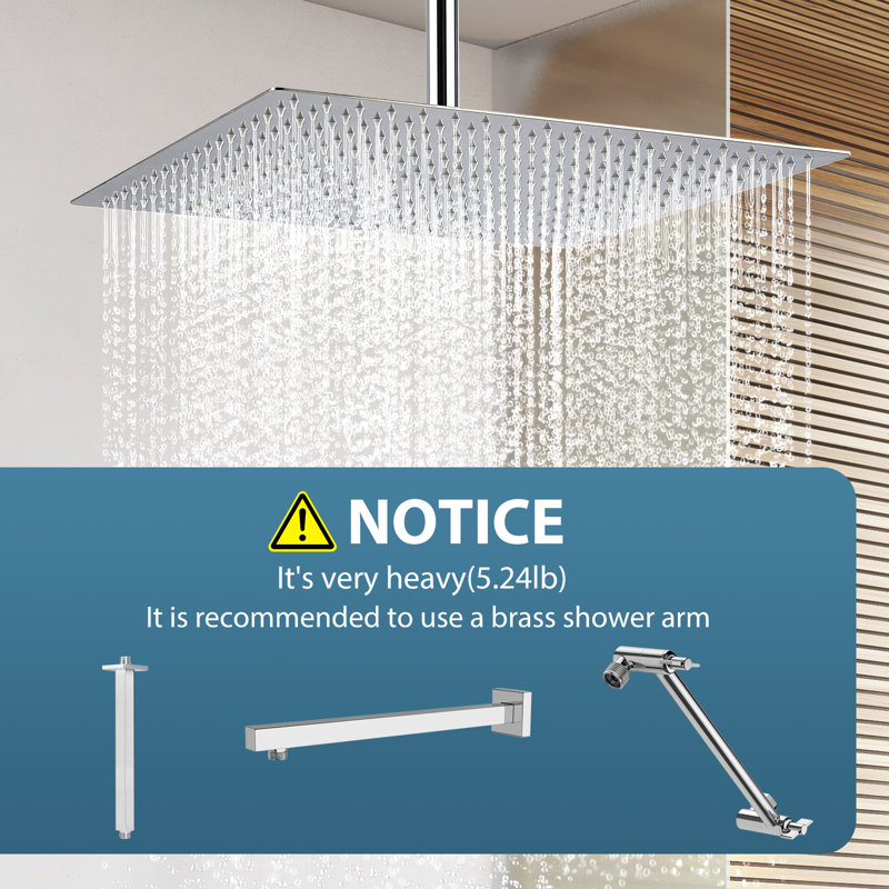 16inch Rainfall Shower Head, Ultra Thin 304 Stainless Steel High Flow Square Rainfall Showerhead, Waterfall Full Body Coverage, Universal Ceiling or Wall Mount, Chrome