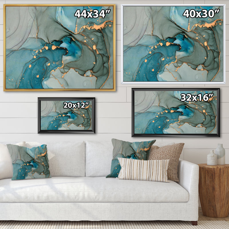 Turquoise doré infusé de marbre - reproduction sur toile, H 30 po x l 40 po, Cadre flottant, Blanc