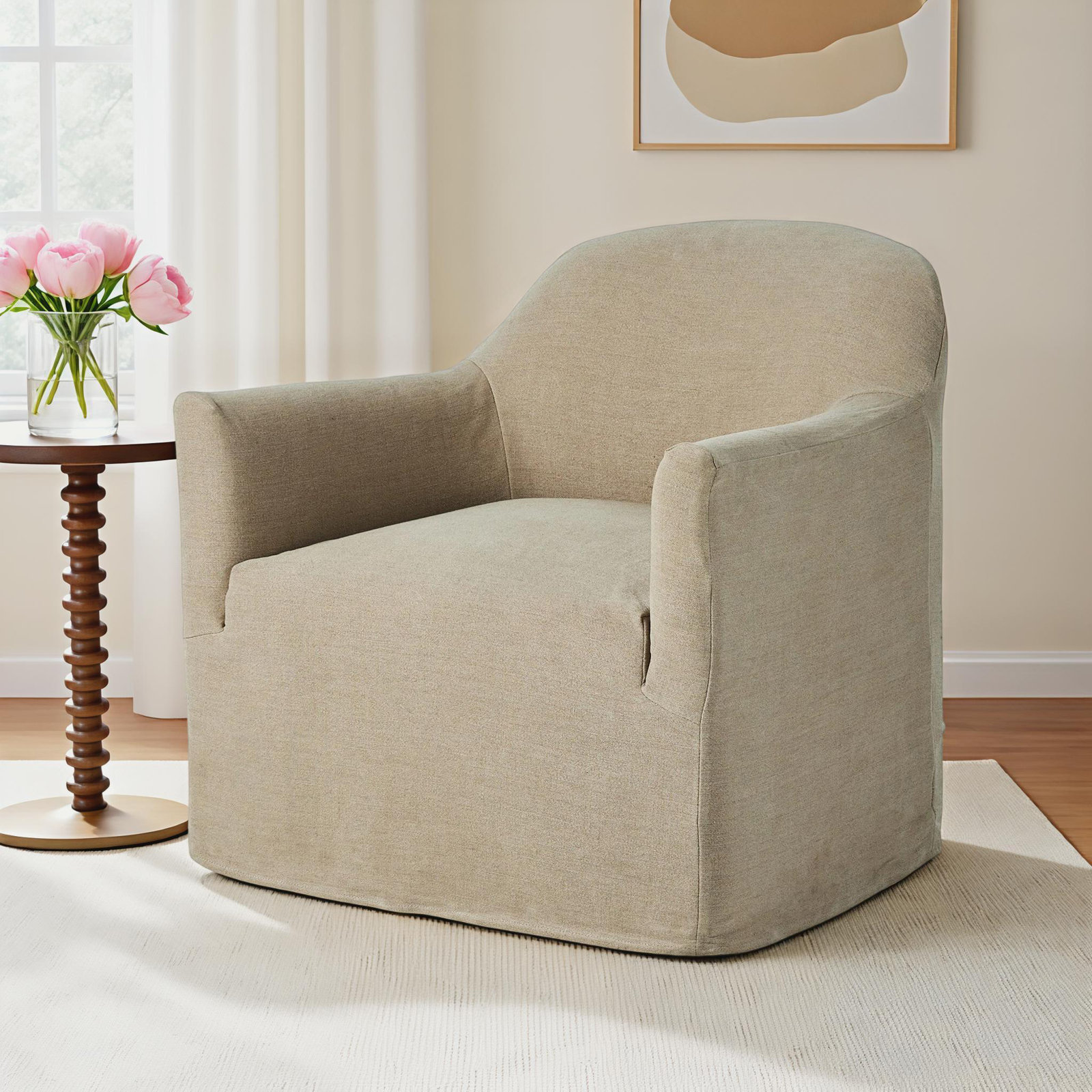 Lowell Slipcover Swivel Chair, Cream Linen