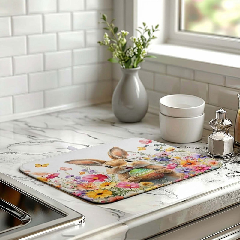 Easter Bunny Rabbit Eggs Flowers Microfiber Dish Drying Mat Absorbent Kitchen Countertop Tableware Decor