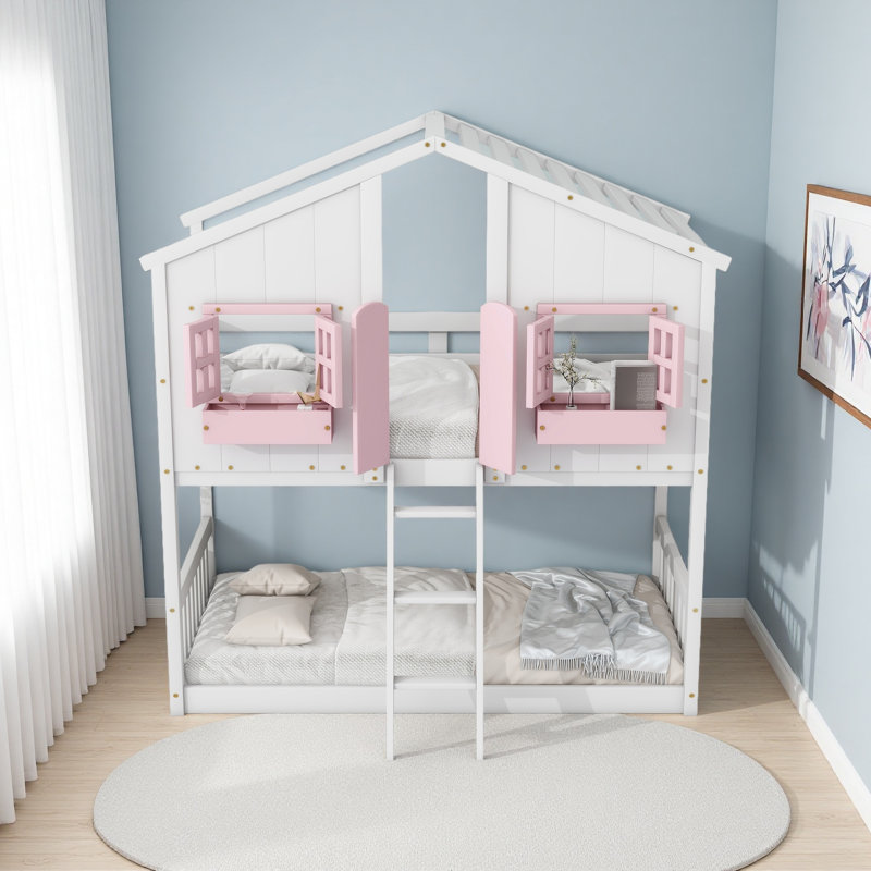 Twin Over Twin House Bunk Bed With Roof , Window, Window Box, Door , With Safety Guardrails And Ladder, White