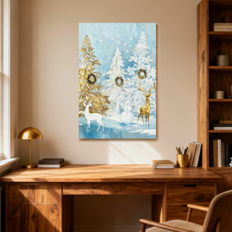 Animaux, forêt d'hiver avec cerf et bonhomme de neige, H 40 po x l 28 po