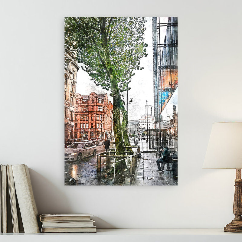 Rainy City Street, architecture abstraite moderne, art mural ville, H 24 po x l 16 po