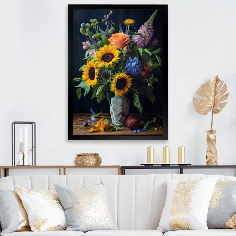 " Blossoming Sunflower Bouquet With Wildflowers ", Black Single Picture Framed, 32" H x 24" W x 1" D