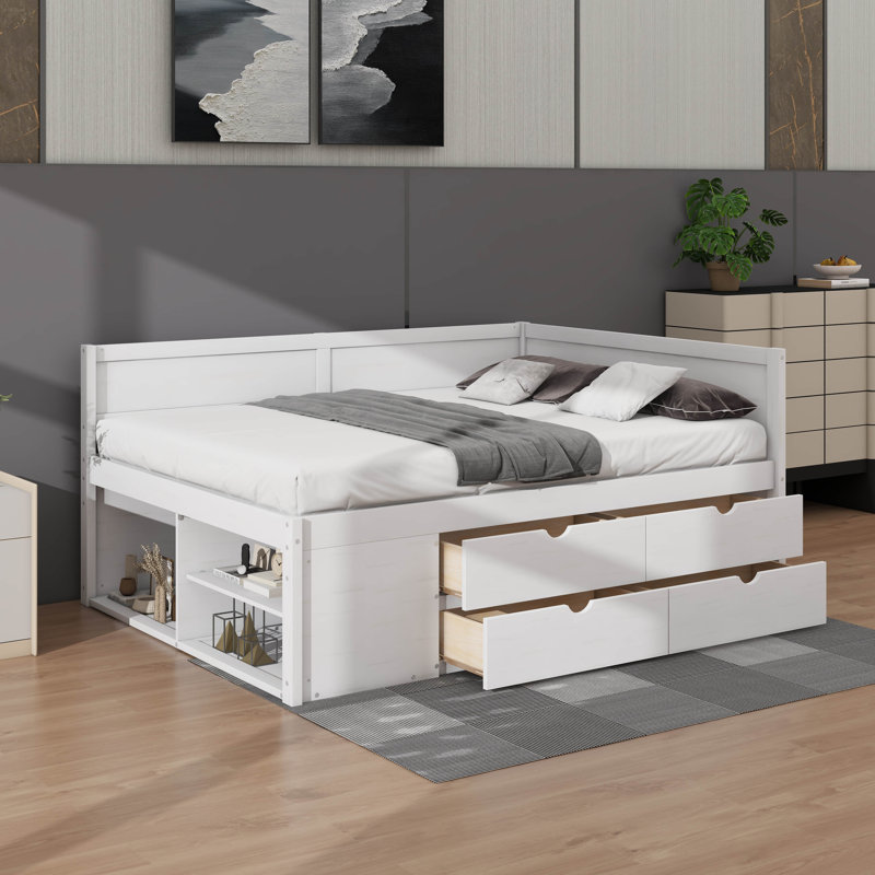 Lit de jour double avec tiroirs et tablettes, Double, Blanc