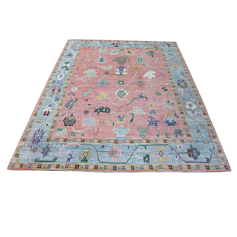 Tapis rose en laine noué à la main de conception unique 11 pi 10 po x 15 pi 2 po Hurst