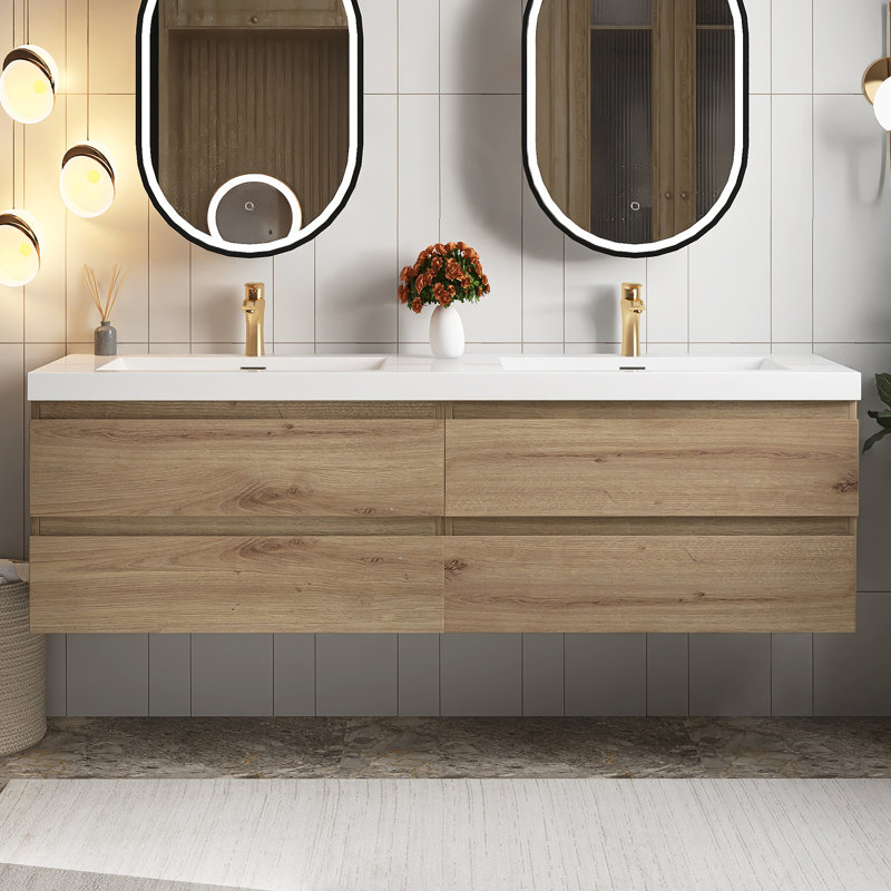 Kimie 72'' Wall Mounted Double Bathroom Vanity with Cultured Marble Top, Oak