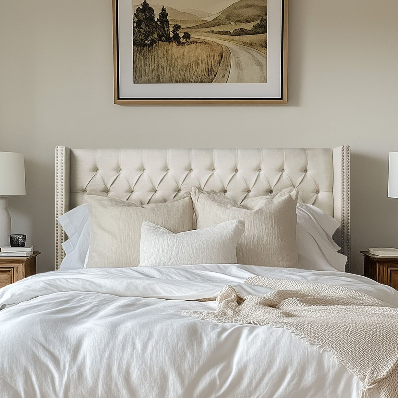 Ashwin Cream Wingback Queen Upholstered Headboard with Button Tufting & Nailhead Trim, Cream, Queen