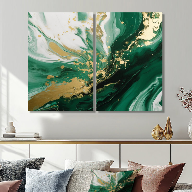 Vert et or Serene Cascade III - Art mural vert 2 panneaux, H 40 po x l 40 po, Toile tendue, Ne s’applique pas