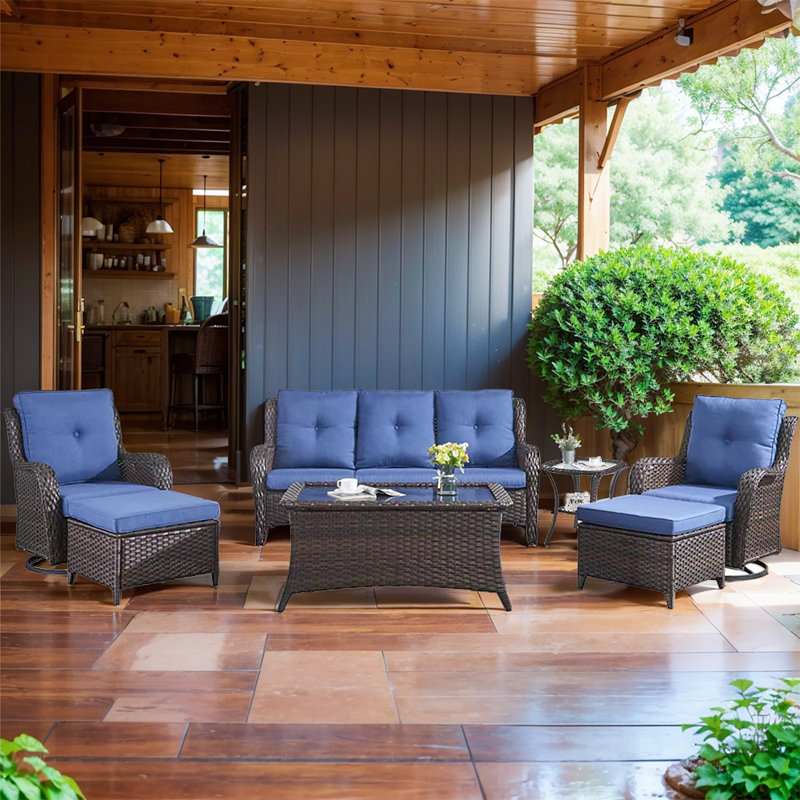 Bonia 7 Person Outdoor Wicker Rattan Patio Furniture Set with Sofa,Rocking Chairs,Ottomans And Table Set. (Set Of 7 Pieces)