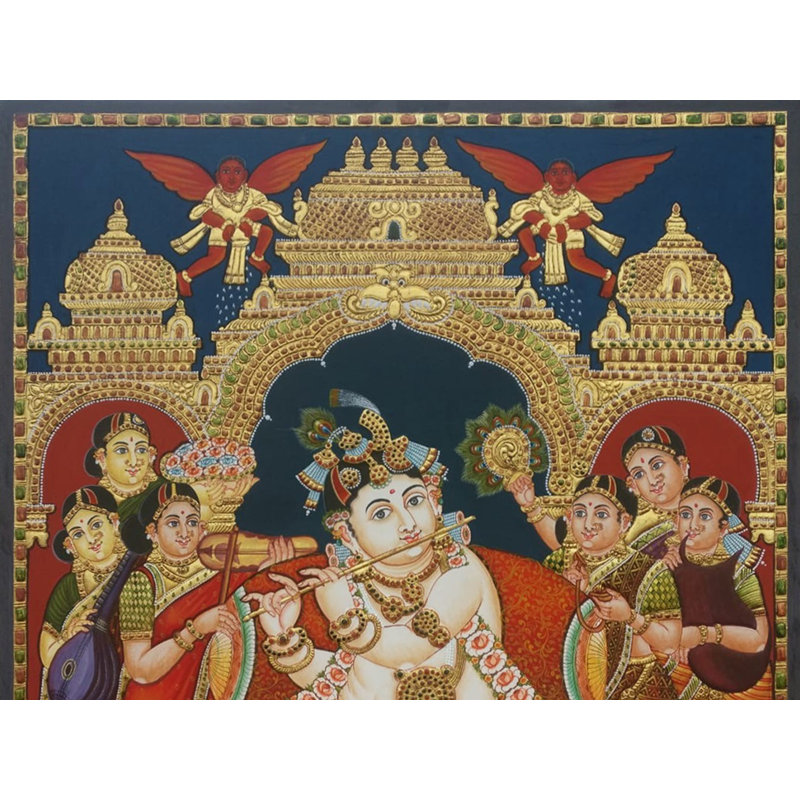 Bal Krishna Playing Flute Tanjore Painting | Traditional Colours with Gold Work