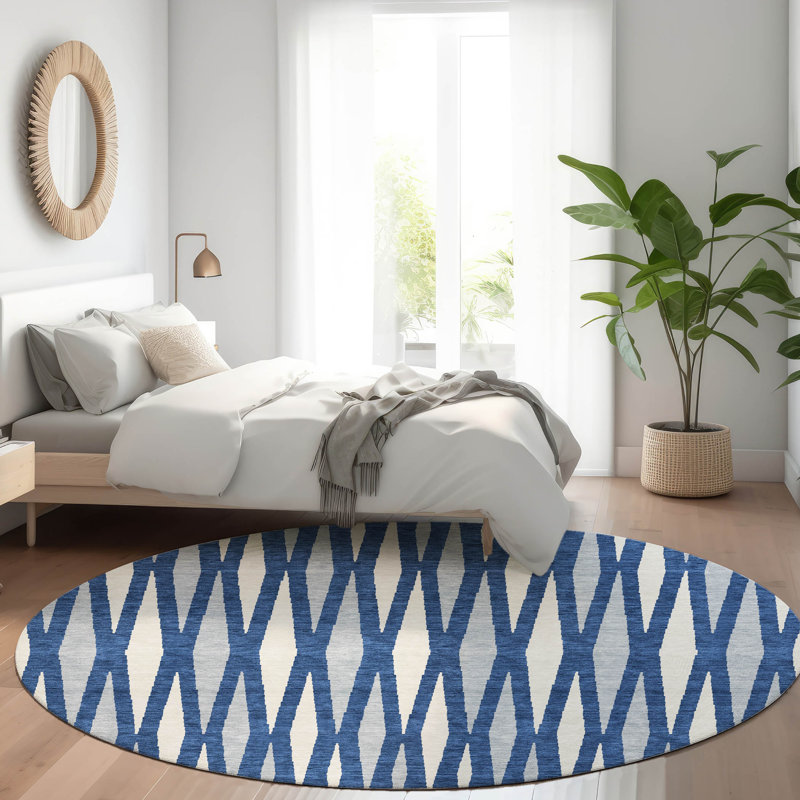 Premium Machine Washable Prisco Navy Rug, Round 8'