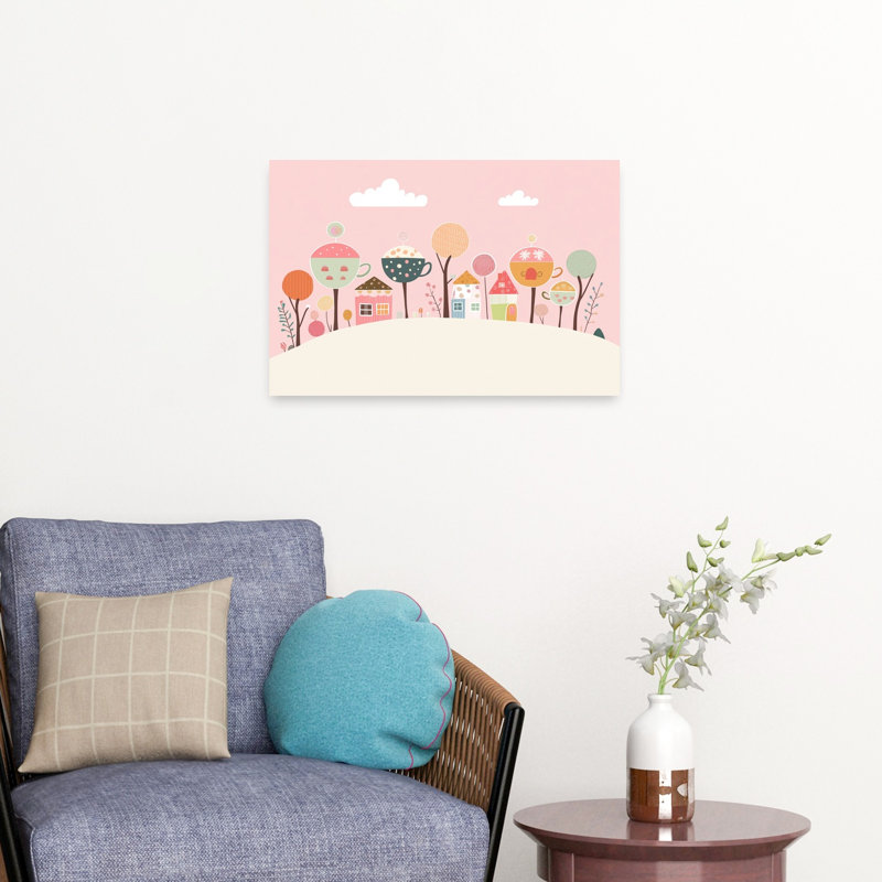 «Whimsical Teacup Village Colorful Playful Whimsical Landscape Nature», reproduction d'art murale, H 16 po x l 24 po