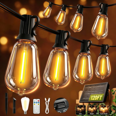 120FT Solar ST38 String Lights, 60‑Bulb Outdoor Patio Lights with Remote Control, 8 Lighting Modes, E12 Socket, 2700K Warm White, Black Cord with Hooks for Backyard Garden Decor