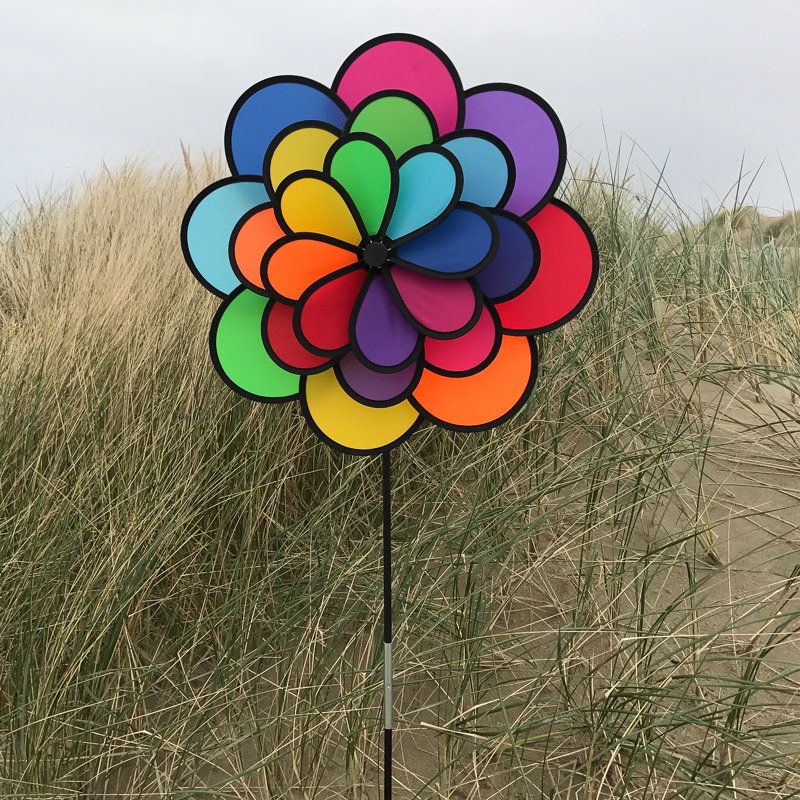 Colorful Triple Wheel Flower Wind Spinner with Ground Stake