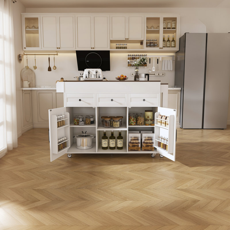 Îlot de cuisine 51 "avec table de salle à manger rétractable et prise de courant - avec 2 tiroirs et 2 armoires à portes