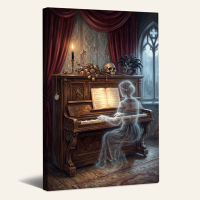 Toile fantôme jouant du piano dans une chambre gothique avec crâne et Halloween