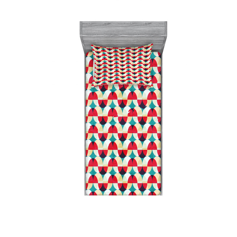 Microfiber Geometric Sheet Set, Twin XL Sheet Set + Fitted Sheet + 1 Pillowcase, Red/Blue/Pale Yellow Geometric 1