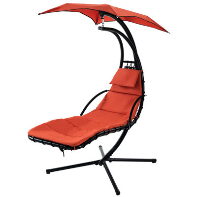 Classic Style Hanging Chaise Lounger For Patio, Garden, Backyard - Removable Canopy Included Chair With Stand, Outdoor Swing Built-In Pillow And Thick Cushion In Orange