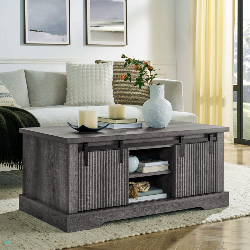 Table basse de 41,3 pouces avec rangement et porte coulissante, table de cocktail de style campagnard et industriel avec tablettes réglables, table de salon rectangulaire rustique pour le salon