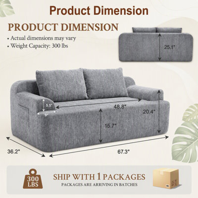 67-inch frameless sofa with 2 cushions, extra deep seat, corduroy fabric two-seater sofa, side storage bag, cushioned floor sofa easy installation