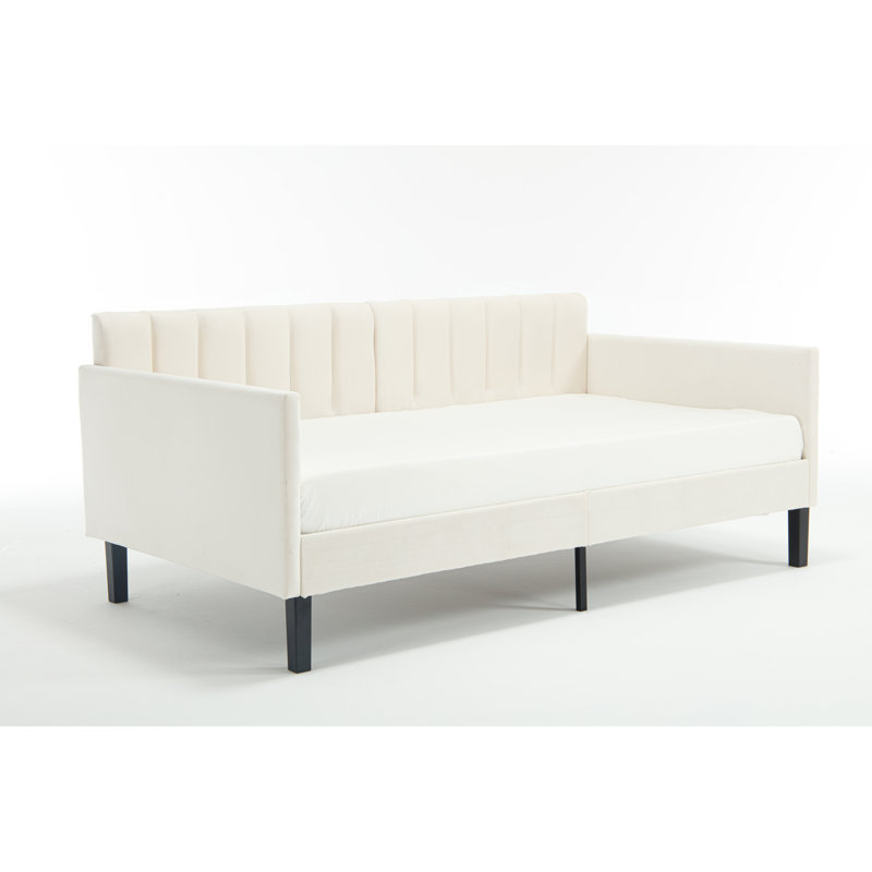 Beige Upholstered Daybed With A And Metal Center Rail For Stability Modern Twin Stable Frame Soft Velvet Upholstery