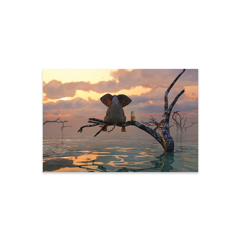 Éléphant et chien assis sur un arbre pendant une inondation II par Mike Kyiv - sans cadre, H 16 po x l 24 po x P 0,25 po