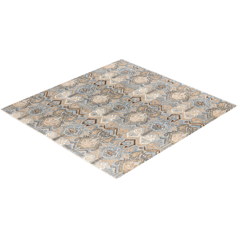 Tapis noué à la main de conception unique Ikat - beige, 8 pi 1 po x 8 pi 4 po