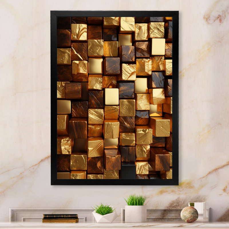 Or abstrait cubes II - art mural géométrique, Cadre photo noir, H 20 po x l 12 po x P 1 po