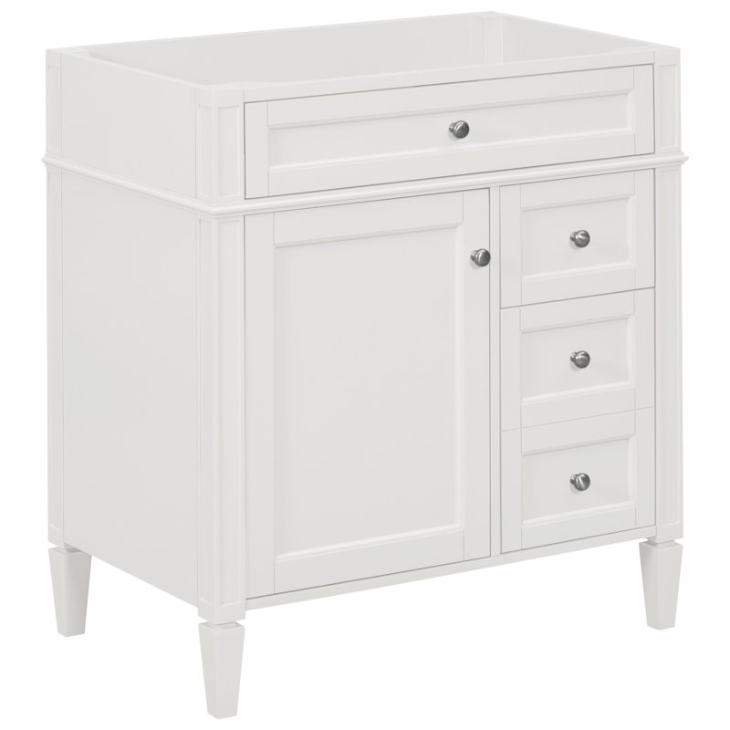 Meuble-lavabo de salle de bain de 30 po sans lavabo supérieur Waguespack, 3 tiroirs, organisateur de porte d'armoire, tablette réglable, tiroir basculant, rangement divers, design moderne, assemblage en bois massif blanc à pieds romains exquis