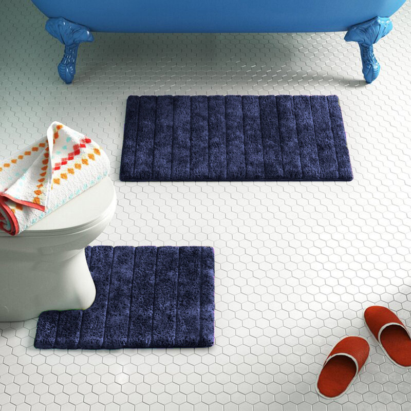 Mirianna Linear Ribbed Two Piece Bath Mat Set, Navy