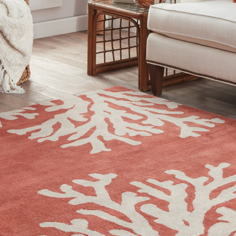 Coastal Seaside Wool Floral Area Rug in Orange, Rectangle 3'6" x 5'6"