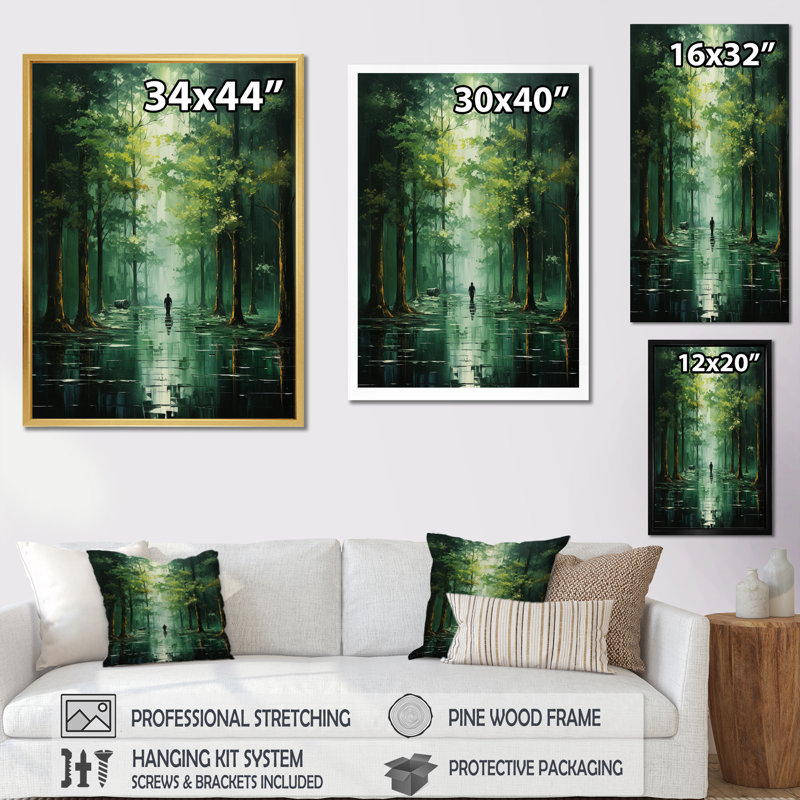 «Solitude In Forest Of Emerald II - Landscape & Nature», reproduction sur toile, H 20 po x l 12 po x P 1 po, Encadrement doré