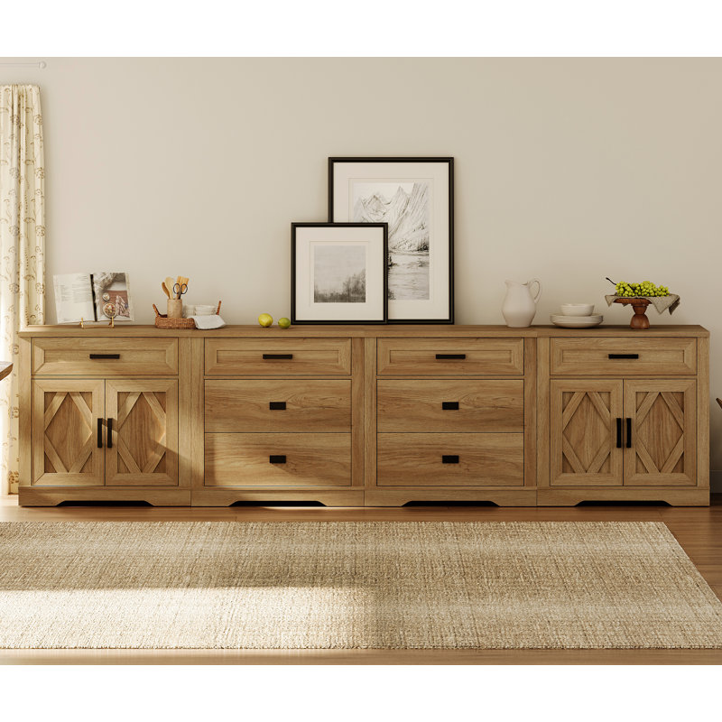 126"W Extra-Large File Cabinet, 4-In-1 Farmhouse  Office Storage Console With 6 Drawers And Storage Barn Door Sections, Spacious File Cabinet With Adjustable Shelves For Office, Bedroom,Walnut