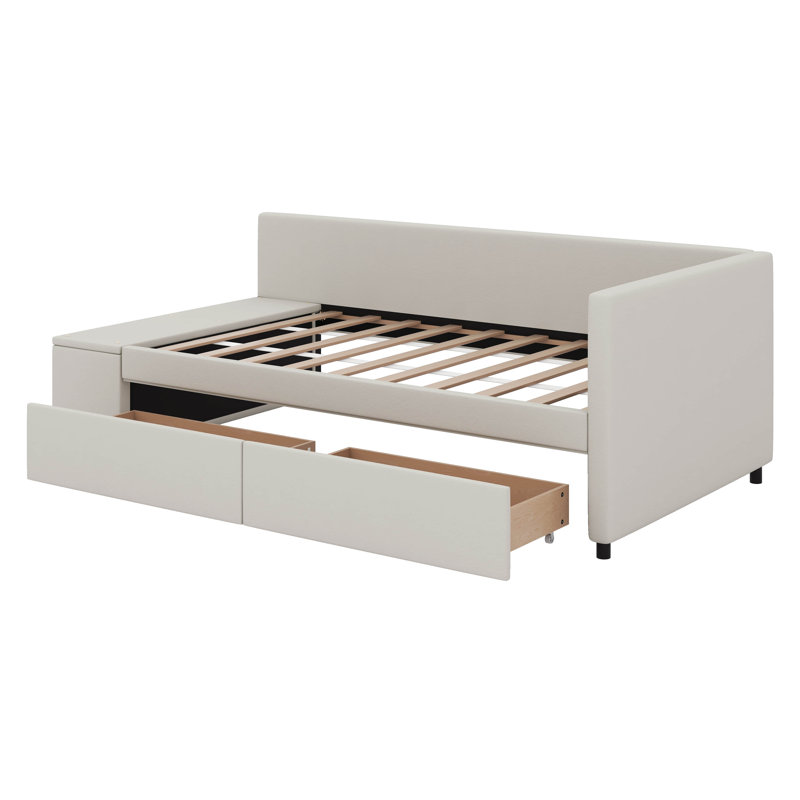 Lit plateforme simple tapissier en forme de L avec rangement et tiroirs, Beige