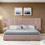 Grand lit tapissier en chenille avec table de chevet et lampe rose par RIDGEPOLE-727004225