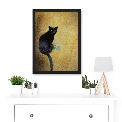 Black Cat With Yellow Flower - Painting