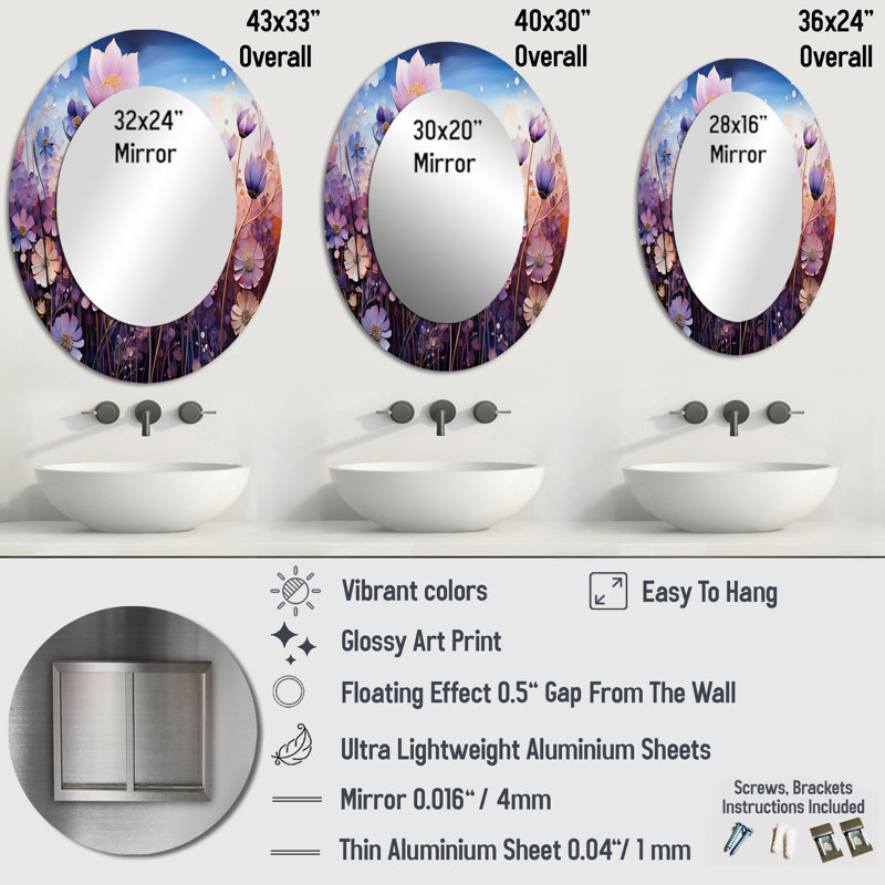 Miroir mural mauve moderne et violet, 36 po x 24 po